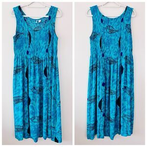 Kaktus Turquoise Blue Fish Print Smocked Maxi Dress Beachy Boho Vacation Size XL